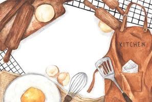 Baking or cooking background with kitchen utensils, flour, eggs and brown apron. Watercolor illustration.