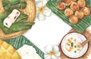 Thai Desserts, Top view with copy space for your text. Watercolor illustration. vector