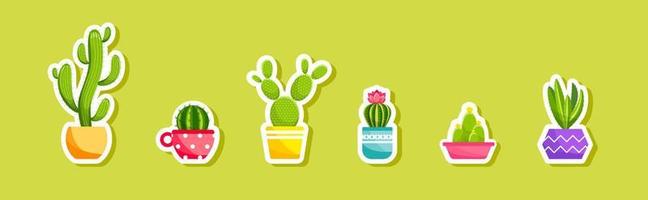 pegatina cactus y plantas suculentas en macetas. juego de pegatinas vectoriales de lindos cactus verdes y suculentas en macetas. colección de plantas de interior en macetas. aislado sobre fondo blanco vector