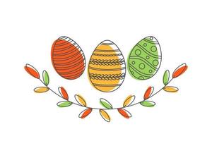 Happy Easter greeting card in with calligraphic inscription and eggs. Happy Easter lettering. Hand drew easter elements wreath eggs in the white background. Vector illustration.