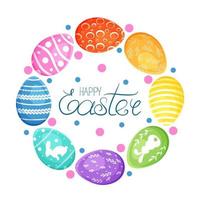 Happy Easter greeting banner with calligraphic typography and eggs. Happy Easter lettering card. Hand drew easter elements wreath eggs in the white background. Vector illustration.