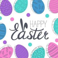 Happy Easter greeting card in Doodle style with calligraphic inscription and eggs. Happy Easter lettering. Hand drew easter elements wreath eggs in the white background. Vector illustration.