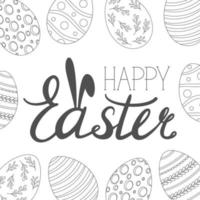 Happy Easter greeting card in Doodle style with calligraphic inscription and eggs. Happy Easter lettering. Hand drew easter elements wreath eggs in the white background. Vector illustration.