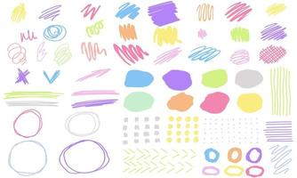 Hand drawn decorative abstract collection with colorful doodle elements. Vector circles, cute set lines.