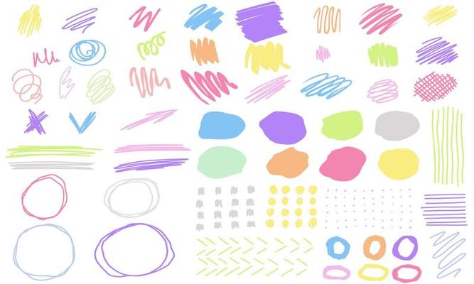 Hand drawn decorative abstract collection with colorful doodle elements. Vector circles, cute set lines.