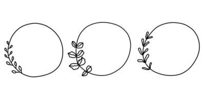 Cute abstract doodle frames set hand drawn. Round lines with leaves. Valentine's day, for wedding isolated plant decoration. vector