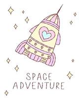 Cohete lindo en texto de tiempo de aventura espacial. postal blanca del cosmos del garabato, fondo, cartel. Ilustración de vector de corazón lindo dibujado a mano.