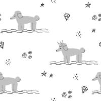 patrón de perro lindo con flores de caniche de estrellas. papel blanco para scrapbooking, mascota de garabato. vector