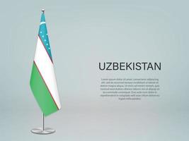 Uzbekistan hanging flag on stand. Template forconference banner vector
