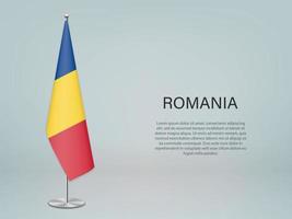 Romania hanging flag on stand. Template forconference banner vector