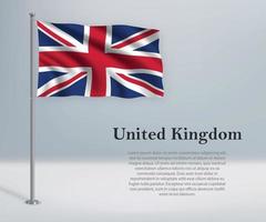 Waving flag of United Kingdom on flagpole. Template for independ vector