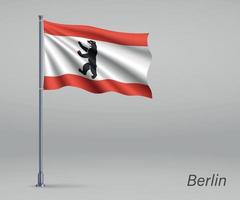 Waving flag of Berlin - state of Germany on flagpole. Template f vector
