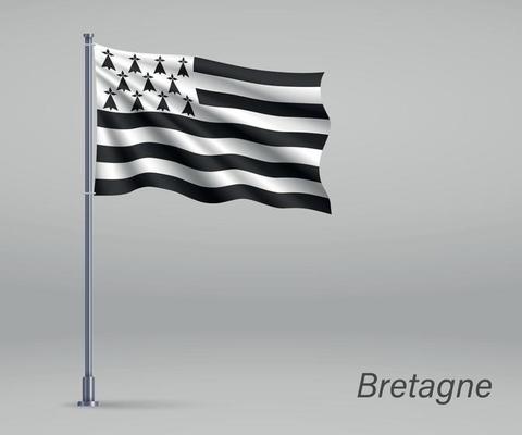 Waving flag of Bretagne - region of France on flagpole. Template