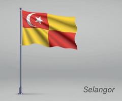 ondeando la bandera de selangor - estado de malasia en el asta de la bandera. plantilla vector