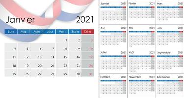 calendario simple 2021 en francés, la semana comienza el lunes. t vector