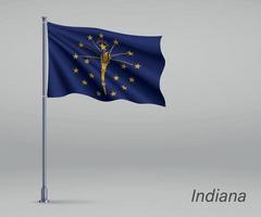 Waving flag of Indiana - state of United States on flagpole. Tem vector