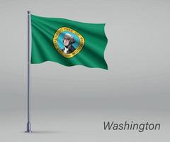 Waving flag of Washington - state of United States on flagpole. vector