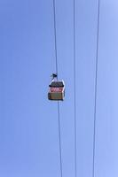 Tbilisi, Georgia - April 29, 2019 - View at Aerial cable car in Tbilisi, Georgia. Opened in 2012, a cable car connects Rike Park on the left bank of the Mtkvari river with Narikala Fortress in Tbilisi