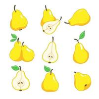 Set with yellow pears in cartoon style. A whole pear, a slice of pear. Vector isolated food illustration.