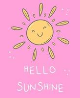 hola, sol, una postal con el sol sobre un fondo rosa en forma de garabato. ilustración vectorial vector