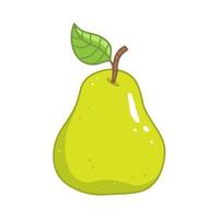 una pera verde entera madura con una hoja en un estilo de dibujos animados. ilustración vectorial aislada. vector