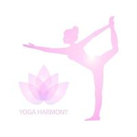 elegante silueta de mujer practicando yoga asana, aislada en fondo blanco. concepto de chakra. flor de loto, inscripción yoga armonía. logo del estudio de yoga para pancartas, páginas web vector
