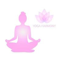 Gentle silhouette of woman practicing yoga asana and meditation, isolated on white background. Lotus flower, Inscription Yoga Harmony. Logo of yoga studio for banners, web pages vector