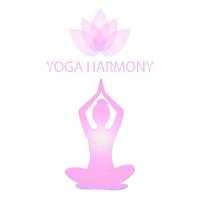 Female figure is sitting in lotus position, isolated, white background. Lotus flower, Inscription Yoga Harmony. Logo of yoga studio for banners, web pages. Delicate pink gradient vector