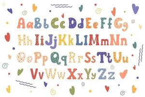 Cute alphabet letters with hearts, colored doodles on white background. Cartoon style. Wrapping paper, decoration, design of nursery vector