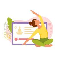 Young woman in lotus position, does exercises in background of tablet screen with yoga training site. Online yoga classes, healthy lifestyle vector