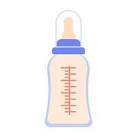 Baby bottle for feeding with pacifier, cap and measuring scale. Milk, Nutrition for newborn. Milk mixture for baby. For children's goods store. Products for children vector