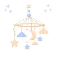 Baby rattle, hanging baby toy, mobile for crib new born. Toy Stars, moon, clouds. Pastel colors. Products for children. Element for nursery decoration, kids clothes vector