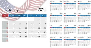 calendario simple 2021 en inglés, la semana comienza el domingo. vector