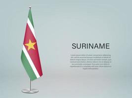 Suriname hanging flag on stand. Template forconference banner vector