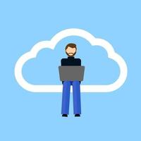 Icon of remote work communication global cloud access. Woman worker distant teamwork. Vector illustration