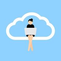 Icon of remote work communication global cloud access. Woman worker distant teamwork. Vector illustration