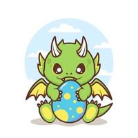 lindo pequeño dragón bebé con huevo vector