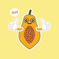 Personajes de papaya de estilo de dibujos animados lindos y kawaii para alimentos saludables, diseño vegano y de cocina. fruta tópica papaya, vitaminas y nutrición, alimentos saludables e ingredientes para bebidas de jugo vector