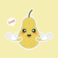 lindos y kawaii personajes de dibujos animados de pera amarilla para alimentos saludables, diseño vegano y de cocina.