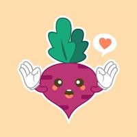 diseño plano de carácter de remolacha. remolacha púrpura de dibujos animados aislados con cara kawaii sobre fondo de color. colorida y amistosa verdura de remolacha morada. lindo diseño para productos vegetarianos y veganos. vector