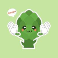 lindo y kawaii personaje de dibujos animados de alcachofa diseño plano, vitaminas, verduras, alimentos saludables, nutrientes, dieta. vitaminas y minerales. beneficios para la salud de la alcachofa. personaje divertido vector