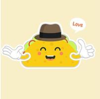 taco with hat character. cute and kawaii delicious tacos with beef or chicken, meat sauce, green salad and red tomato. Taco for restaurant or cafe event design. mexican food vector