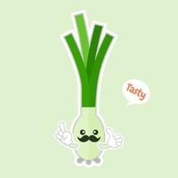 kawaii smiling leek vegetable cartoon illustration. Spring onions on color background. smiling leek vegetable cartoon illustration vector