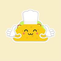 taco with chef hat character. cute and kawaii delicious tacos with beef or chicken, meat sauce, green salad and red tomato. Taco for restaurant or cafe event design. mexican food vector