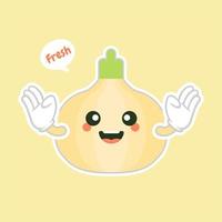 Onion. Cute vegetable vector character set isolated on color background. Funny and healthy food. Vitamins contained in onion. Food with cute face. Vector cartoon.