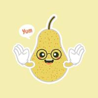 lindos y kawaii personajes de dibujos animados de pera amarilla para alimentos saludables, diseño vegano y de cocina. vector