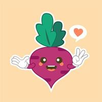 diseño plano de carácter de remolacha. remolacha púrpura de dibujos animados aislados con cara kawaii sobre fondo de color. colorida y amistosa verdura de remolacha morada. lindo diseño para productos vegetarianos y veganos. vector