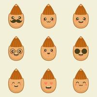 Cute and kawaii almond nuts characters set with different emotions vector illustration. Funny nuts