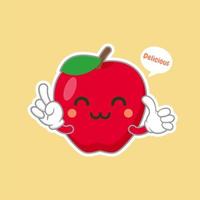 lindo y kawaii personaje de manzana con cara graciosa. emoji de manzana de dibujos animados lindo feliz. Ilustración de vector de carácter de comida vegetariana saludable