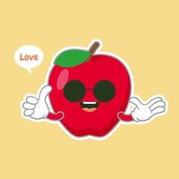 lindo y kawaii personaje de manzana con cara graciosa. emoji de manzana de dibujos animados lindo feliz. Ilustración de vector de carácter de comida vegetariana saludable